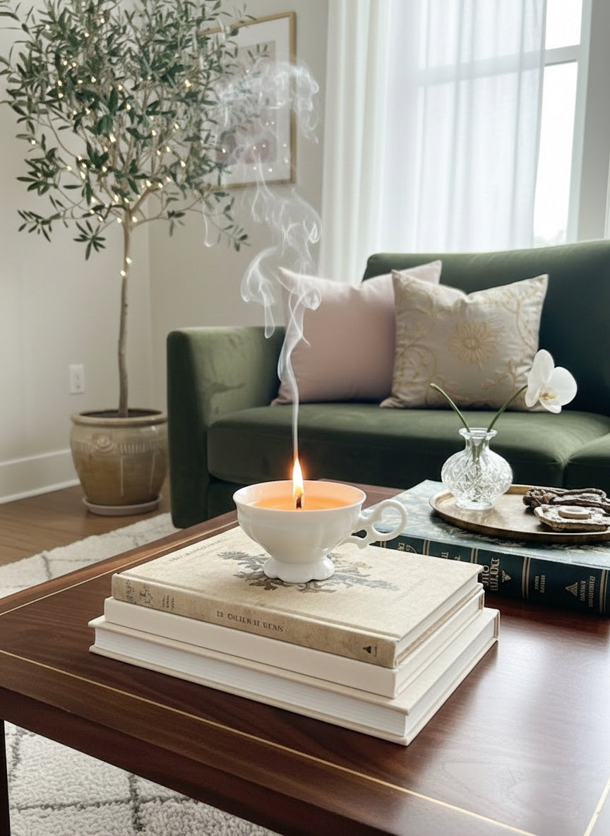 Bougie artisanale parfumée - Tasse en chinée en faïence vintage